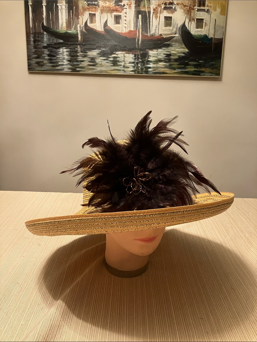 Chic Metallic Gold and Tan Strip Wide-Brim Hat with Brown Feather Accent